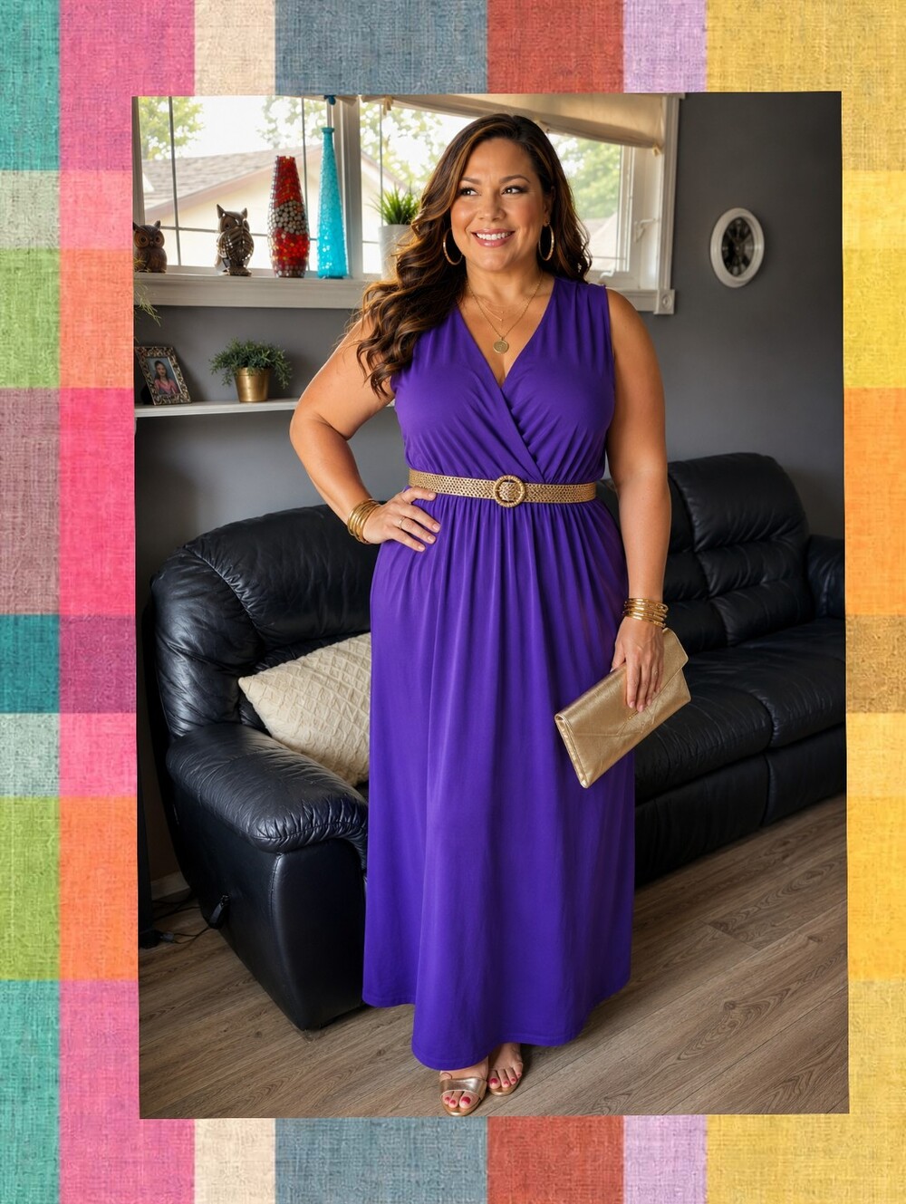 Thick Lined Royal Purple Faux Wrap Maxi Dress Elastic Waist - Women's XL-2XL
